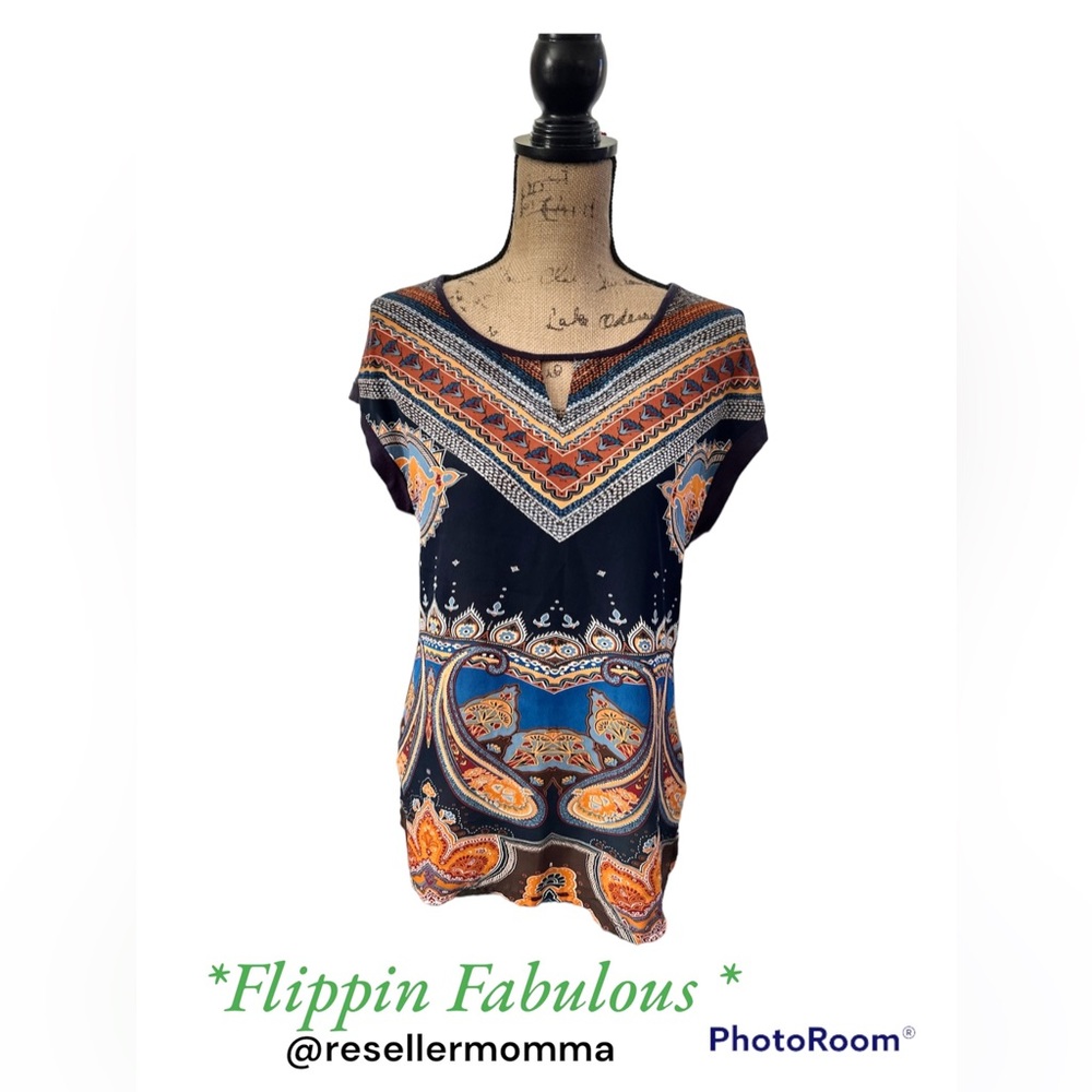 Como Vintage Blouse Size Large Petite Womens Short Sleeve Paisley Boho size PM